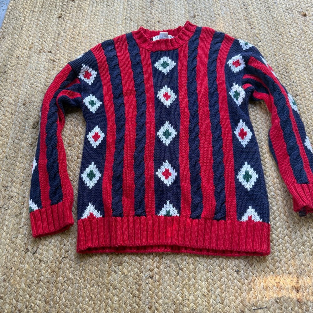 Vintage Limited Too Red Navy Cable Knit Diamond Stripe Sweater Ramie Retro 90s